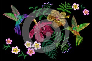 Hummingbird around flower plumeria hibiscus exotic tropical summer blossom. Embroidery fashion patch decoration textile