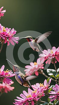 Hummingbird bird flying next to a beautiful pink flowers