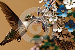 Hummingbird on a branch with flowers. Hummingbird in flight. photo