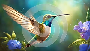 Hummingbird. Flight of a hummingbird over a flower. Fantastic colored tropics. AI generated