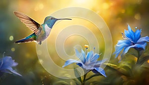 Hummingbird. Flight of a hummingbird over a flower. Fantastic colored tropics. Selective focus. AI generated