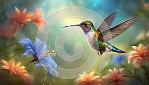 Hummingbird. Flight of a hummingbird over a flower. Fantastic tropics. Selective focus. AI generated