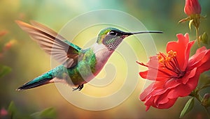 Hummingbird. Flight of a hummingbird over a red flower. Fantastic tropics. AI generated