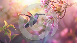 Hummingbird in flight near pink flowers