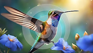 Hummingbird. Flight of a hummingbird over a flower. Fantastic tropics. AI generated