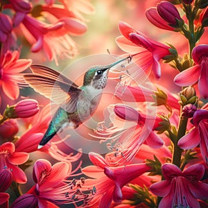 Hummingbird in flight with red flower in background