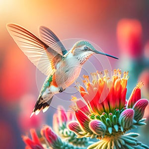 Hummingbird in flight with red flower in background