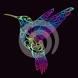 Hummingbird with floral ornament. Design concept for print, card, poster.