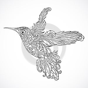 Hummingbird with floral ornament. Tattoo art