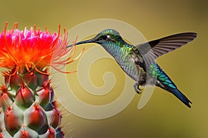 Hummingbird on flower. Panoramic Composition of Adult Broad Billed Humming Bird.