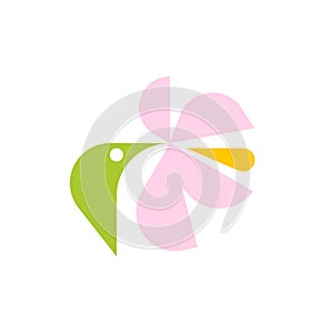 Hummingbird with flower. Vector logo mark template or icon of little green colibri bird and pink blooming plant