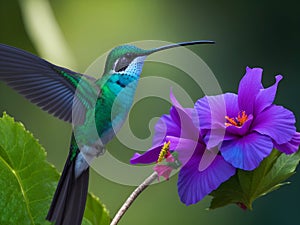 Hummingbird flying closer to a purple flower