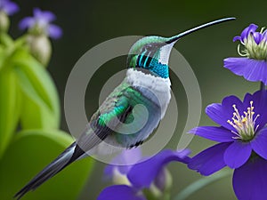 Hummingbird flying closer to a purple flowers