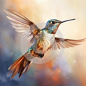 a hummingbird flying in front of a painting of a sky