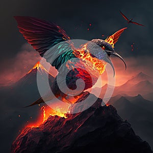 Hummingbird flying over volcano. Generative AI