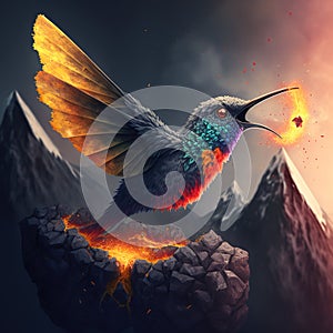 Hummingbird flying over volcano. Generative AI