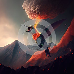 Hummingbird flying over volcano. Generative AI