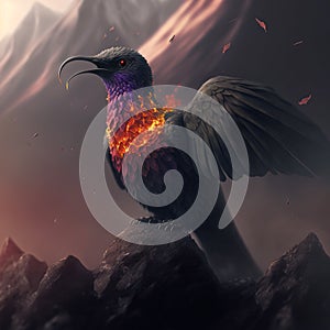 Hummingbird flying over volcano. Generative AI