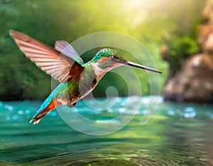 Hummingbird flying over the water. Generated with AI