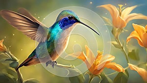 Hummingbird. Hummingbird flying over a yellow flower. Fantastic colored tropics. Selective focus. AI generated