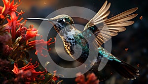 Hummingbird flying, vibrant colors, nature beauty in motion generated by AI