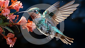 Hummingbird flying, vibrant colors, nature beauty in one animal generated by AI