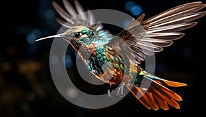 Hummingbird flying, vibrant colors, nature beauty in small creature generated by AI