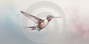 A hummingbird frozen mid-flight, contrasting its rapid wingbeats against a serene, pastel canvas, concept of