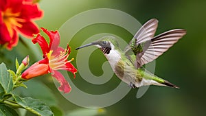 Hummingbird green crowned brilliant flying next to beautiful red flower