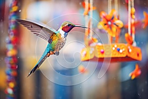 a hummingbird hovering near a colorful feeder