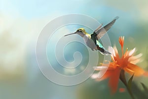 Hummingbird Hovering Near Flower