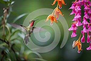 hummingbird hovering over blooming orchid