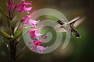 hummingbird hovering over blooming orchid