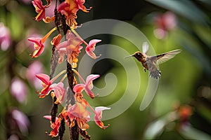 hummingbird hovering over blooming orchid