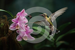 hummingbird hovering over blooming orchid