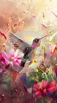 Hummingbird hovering over flowers