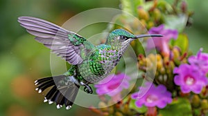 Hummingbird Hovering Over Purple Flowers