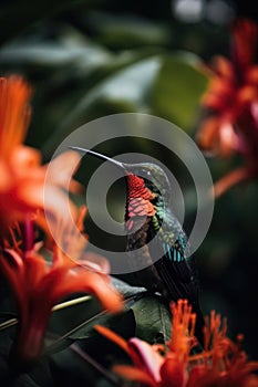Hummingbird hovering by red flower, copy space, created using generative ai technology