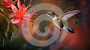 Hummingbird with a long beak, Heliodoxa jacula, bird hovering near a flower, mountain rainforest, nectar, Generated AI