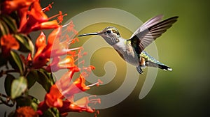 Hummingbird with a long beak, Heliodoxa jacula, bird hovering near a flower, mountain rainforest, nectar, Generated AI
