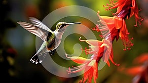 Hummingbird with a long beak, Heliodoxa jacula, bird hovering near a flower, mountain rainforest, nectar, Generated AI