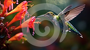 Hummingbird with a long beak, Heliodoxa jacula, bird hovering near a flower, mountain rainforest, nectar, Generated AI