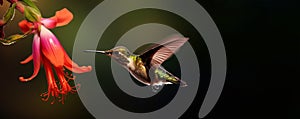 Hummingbird with a long beak, Heliodoxa jacula, bird hovering near a flower, mountain rainforest, nectar, Generated AI