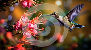 Hummingbird with a long beak, Heliodoxa jacula, bird hovering near a flower, mountain rainforest, nectar, Generated AI