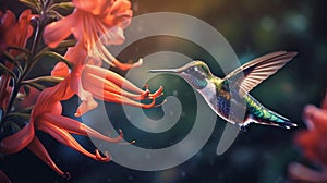 Hummingbird with a long beak, Heliodoxa jacula, bird hovering near a flower, mountain rainforest, nectar, Generated AI