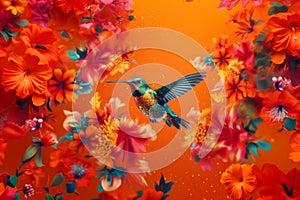 hummingbird in an orange background created with Generative AI technology