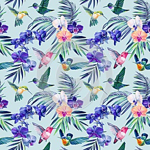 Hummingbird and orchid flower, seamless pattern tropical leaves, watercolor illustration, jungle design