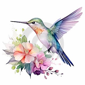 Hummingbird With Pink Flowers Watercolor Painting