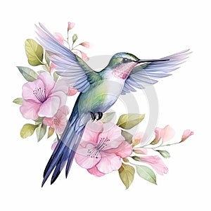 Hummingbird With Pink Flowers Watercolor Painting