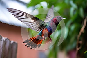 hummingbird practicing flying skills, hovering and darting around the yard